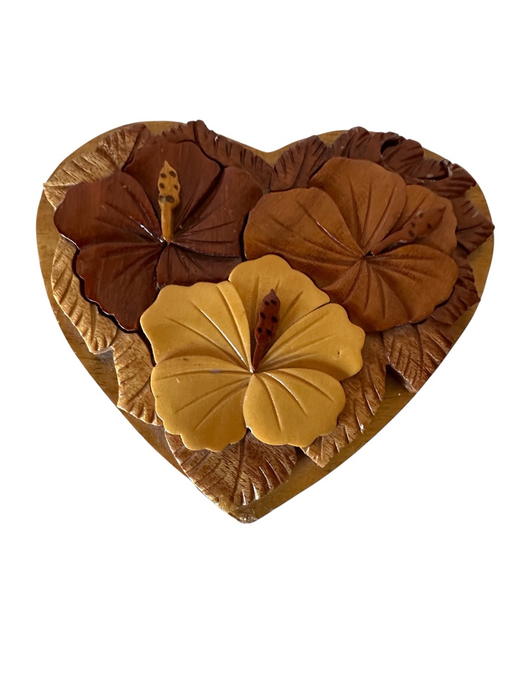 Hand-Carved Wood Heart Box with Hibiscus Flowers - Brown & Mustard Puzzle Box